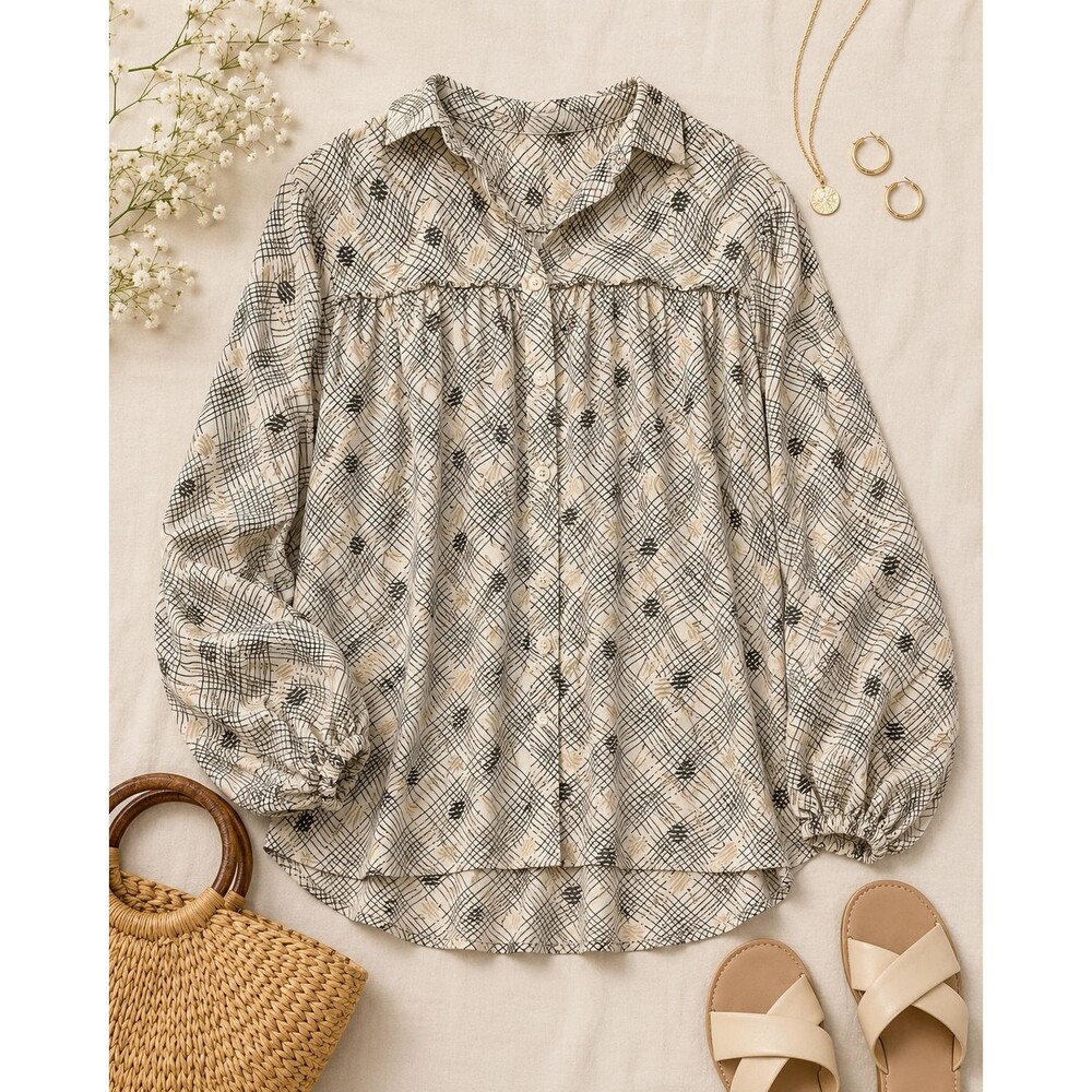 Max Studio Womens XL Cream Black‎ Geometric Balloon Sleeve Blouse NWT 2707D78